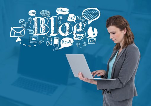 Woman on laptop with Blog text with drawings graphics