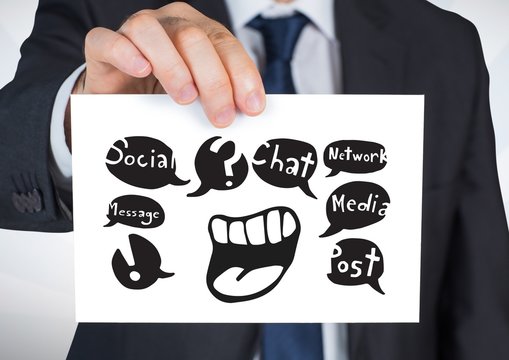 Hand holding card with chat social media graphic drawings