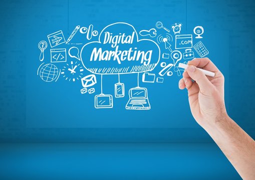 Hand writing chalk Digital marketing text with drawings graphics