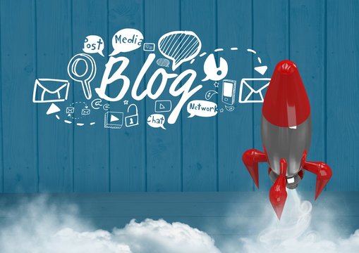3D Rocket flying and Blog text with drawings graphics