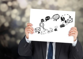 Poster - Businessman holding card with social media graphic drawings