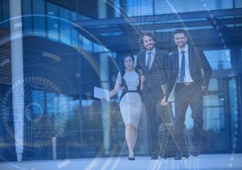 Three business people with luggage and blue interface overlay