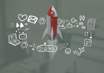 Poster - 3D Rocket flying and media icons drawings graphics