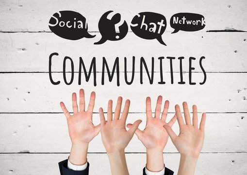 Many hands reaching with Communites text with drawings graphics
