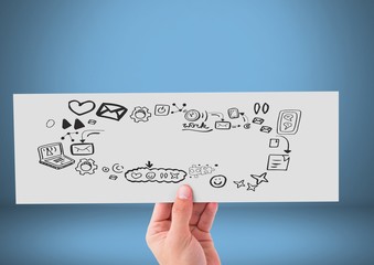 Poster - Hand holding card with phone and social media graphics drawings