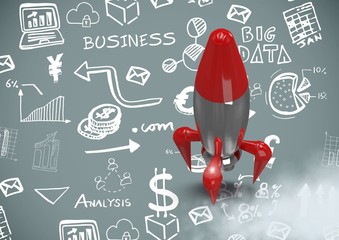 Poster - 3D Rocket flying with Business graphics drawings