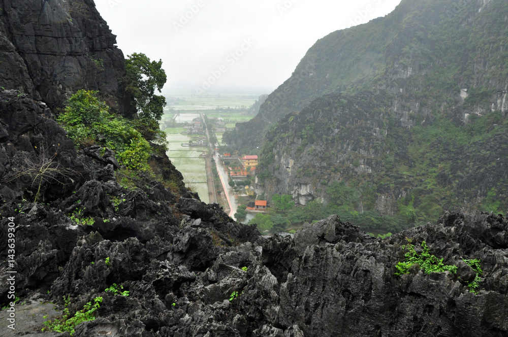 Panorama view of rice fields and limestone rocks and from Hang Mua ...