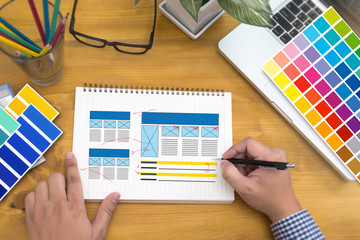 Aufkleber - Creative Designer Graphic at work. Color swatch samples, Illustrator Graphic designer working digital tablet and computer