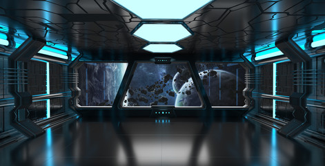 Wall Mural - spaceship interior with view on distant planets system 3d rendering elements of this image furnished