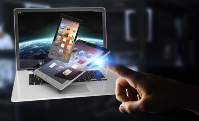 Poster - Businessman touching laptop phone and tablet with his finger 3D rendering