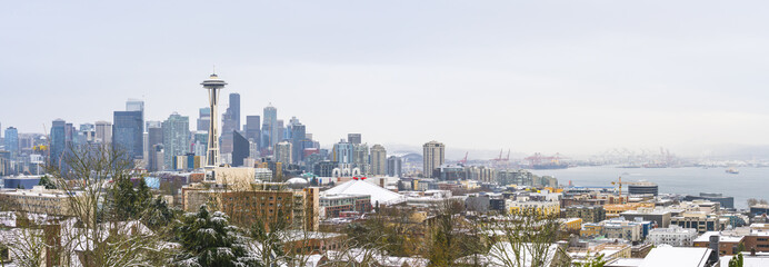 Wall Mural - Seattle,Washington,usa.12/09/16 :seattle city scape with snow covered on the day.