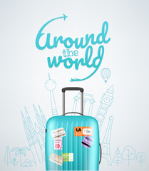 Poster - Color plastic travel bag with different travel elements vector illustration. Travel concept