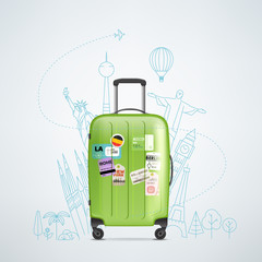 Poster - Color plastic travel bag with different travel elements vector illustration. Travel concept