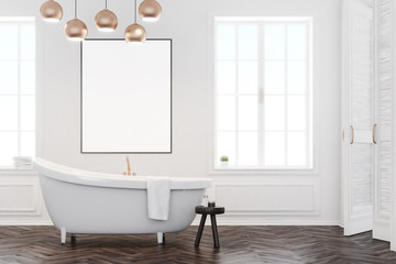 Gray bathroom interior with poster, front