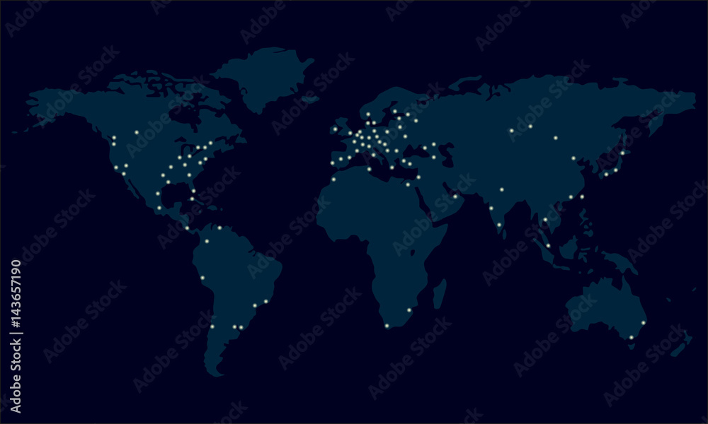 World map with city lights. Night view of Earth map with glowing city ...