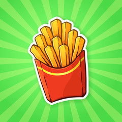 Wall Mural - Vector illustration. French fries in a paper red pack on a background with rays. Unhealthy food. Sticker in cartoon style with contour. For patches, prints for clothes, badges, posters, emblems, menus