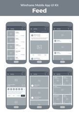 Wall Mural - Wireframe kit for mobile phone. Mobile App UI design. Feed, activity, photos, public, notifications, search, screens.