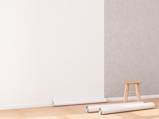 Blank white Wallpaper roll Mockup hanging on the wall, empty interior, 3d rendering