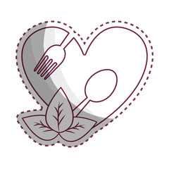 sticker heart with spoon and fork inside with leaves