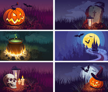 Halloween Banners With The Characters On The Background. Night Autumn Landscape