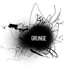 Poster - Halftone circle shapes with grunge splatter ink. Abstract grunge center design background.