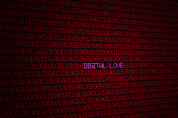 glowing red binary code on screen with words digital love background concept