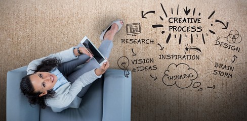 Poster - Composite image of woman on her tablet looking up