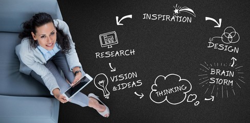 Poster - Composite image of woman on her tablet looking up