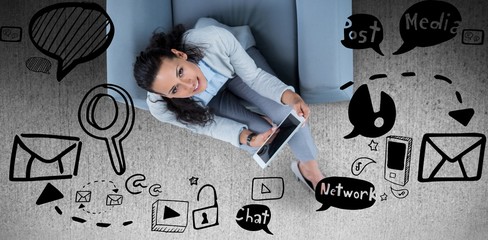 Poster - Composite image of woman on her tablet looking up