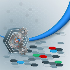 Abstract concept background with gears with a clock attached inside 3d hexagon on hexagonal design; Vector illustration