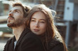 © svitlychnaja - Young hipster couple in stpring sunny day posing on the beach. Interpersonal relationship. Couple in love.