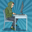 Hacker Hooded Man Stealing Information from Computer. Cyber Crime. Pop Art retro vector illustration
