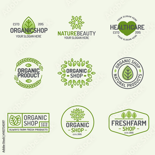 Organic Shop And Fresh Farm Logo Set Line Style Isolated On Background For Vegan Cafe Eco Shop Ecology Company Green Unity Nature Firm Natural Product Garden Farming Vector Illustration Stock Vector