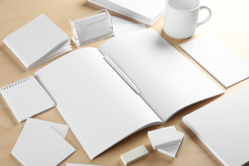 Wall Mural - Blank office supplies on wooden background