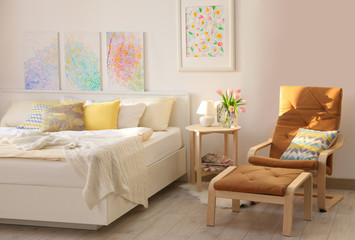 Sticker - Interior of modern bedroom with cozy bed