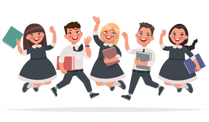 Wall Mural - Happy pupils are jumping against a white background. Group of primary school students