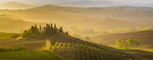 Fairytale, Misty Morning In The Most Picturesque Part Of Tuscany, Val De Orcia Valleys