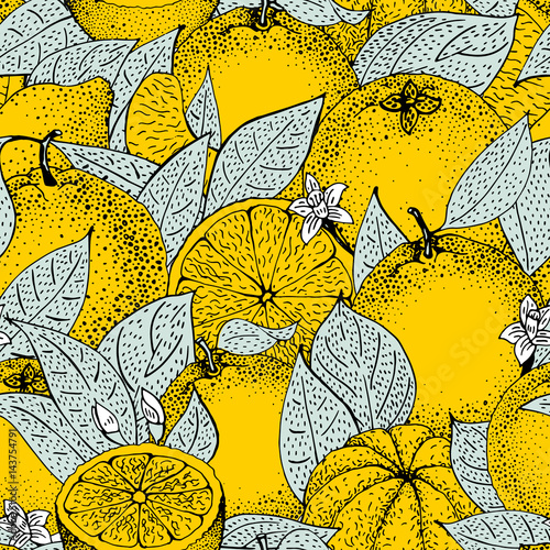 Naklejka - mata magnetyczna na lodówkę Seamless pattern of hand drawn oranges and slices in sketch style. Vector illustration