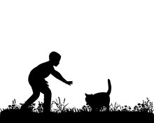 Illustration, Vector, Silhouette Boy And Cat
