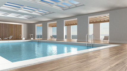 Swimming pool interior design, indoors with big panoramic windows and sea landscape