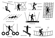 Eco Resort Activities. Artworks Depict Games At Eco Resort Which Includes Flying Fox, Spider Net, High Ropes Walk, Cargo Net Climbing, Crawl, Hanging Log, Tire Swing, Balance Beam, And Rope Bridges.