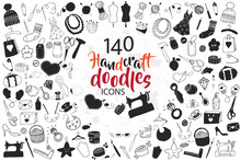 Big Set Of Hand Drawn Handcraft Doodles. Vector Hand Drawn Illustration Black And White.  Design Elements For Cards, Flyers