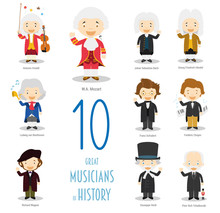 Kids Vector Characters Collection: Set Of 10 Great Musicians Of History In Cartoon Style.