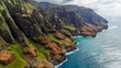 View of the monumental Na Pali Coast, aerial shot from a helicopter, Kauai, Hawaii.