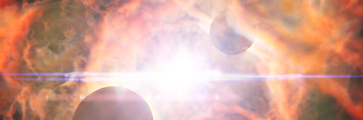 Wall Mural - two planets orbiting a bright star in a beautiful vibrant nebula (banner format 1x3)