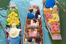 Tourists Visiting By Boat At Damnoen Saduak Floating Market In Ratchaburi Near Bangkok, Thailand