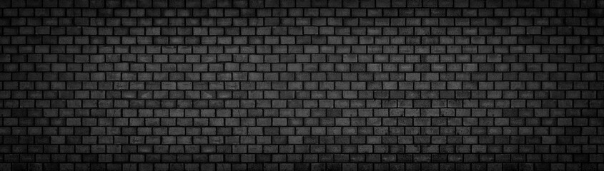 black brick wall, wide panoramic stone surface texture, dark background