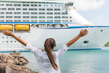 Happy Carefree Freedom Woman In Front Of Cruise Ship. Caribbean Luxury Travel Vacation Concept.