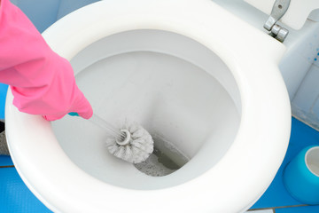 Wall Mural - A woman cleans a bathroom toilet with a scrub brush.