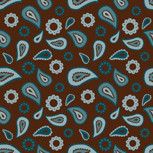 Seamless Floral Colored Pattern With Blue Plants, Flowers And Leaves On Brown Or Black Background. Ethnic Oriental Print With Cucumbers.